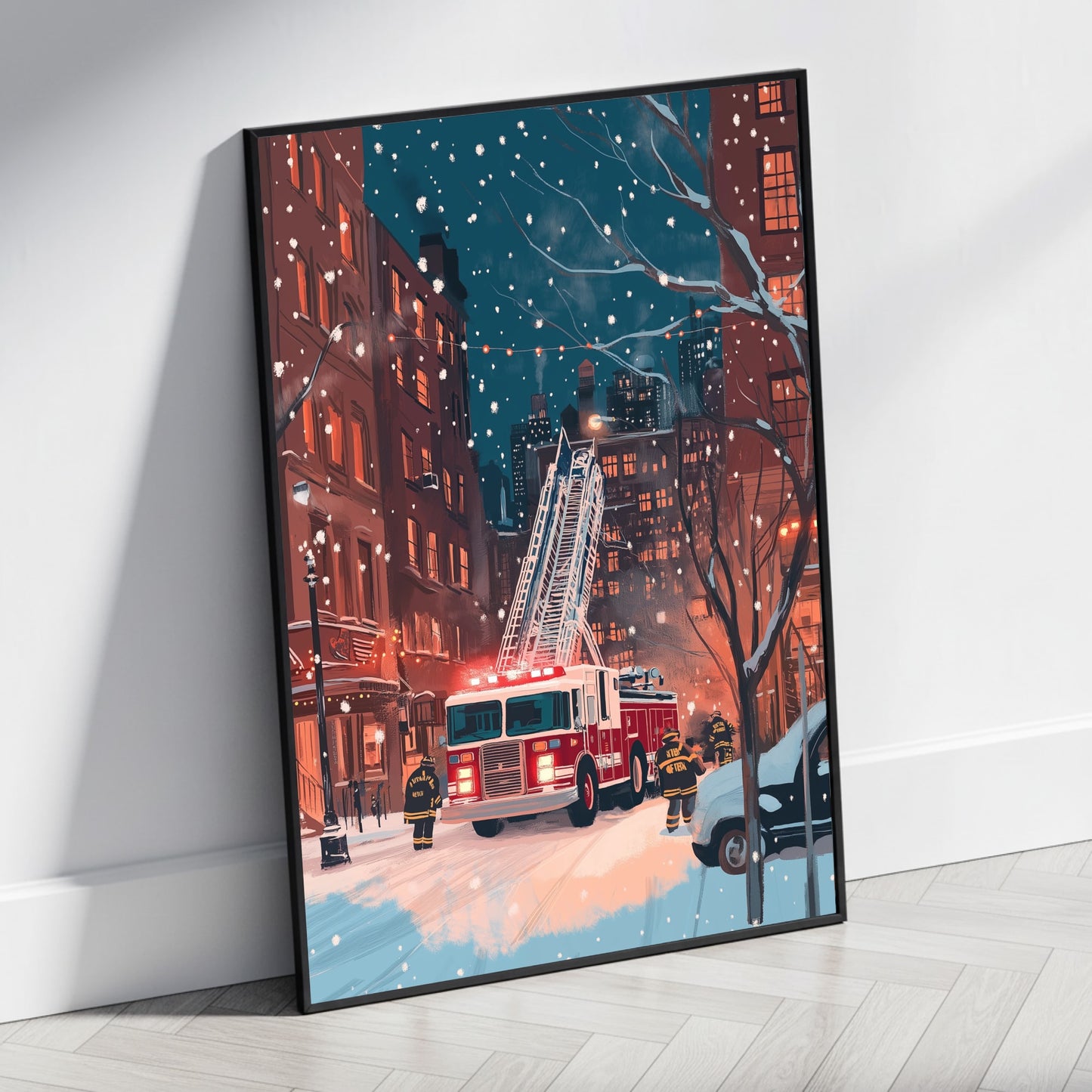 Vibrant City Nightscape | Heroic Firefighters in Action | Ladder Truck in Snow-Covered Urban Scene | Street Art Print | Urban Poster