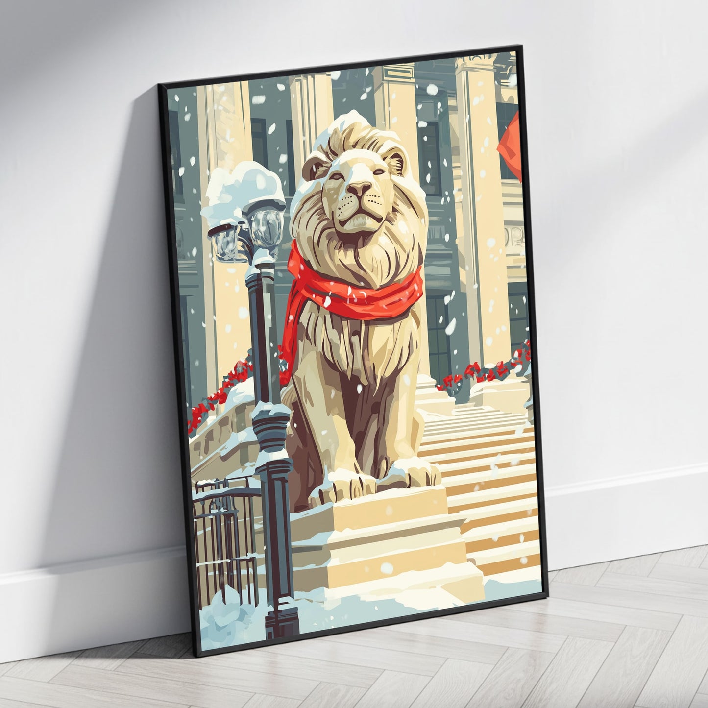 Regal Lion Statue in Snow | Bright Red Scarf | Urban Setting | Festive Garlands | Holiday Spirit | Classic Architecture | Poster Print