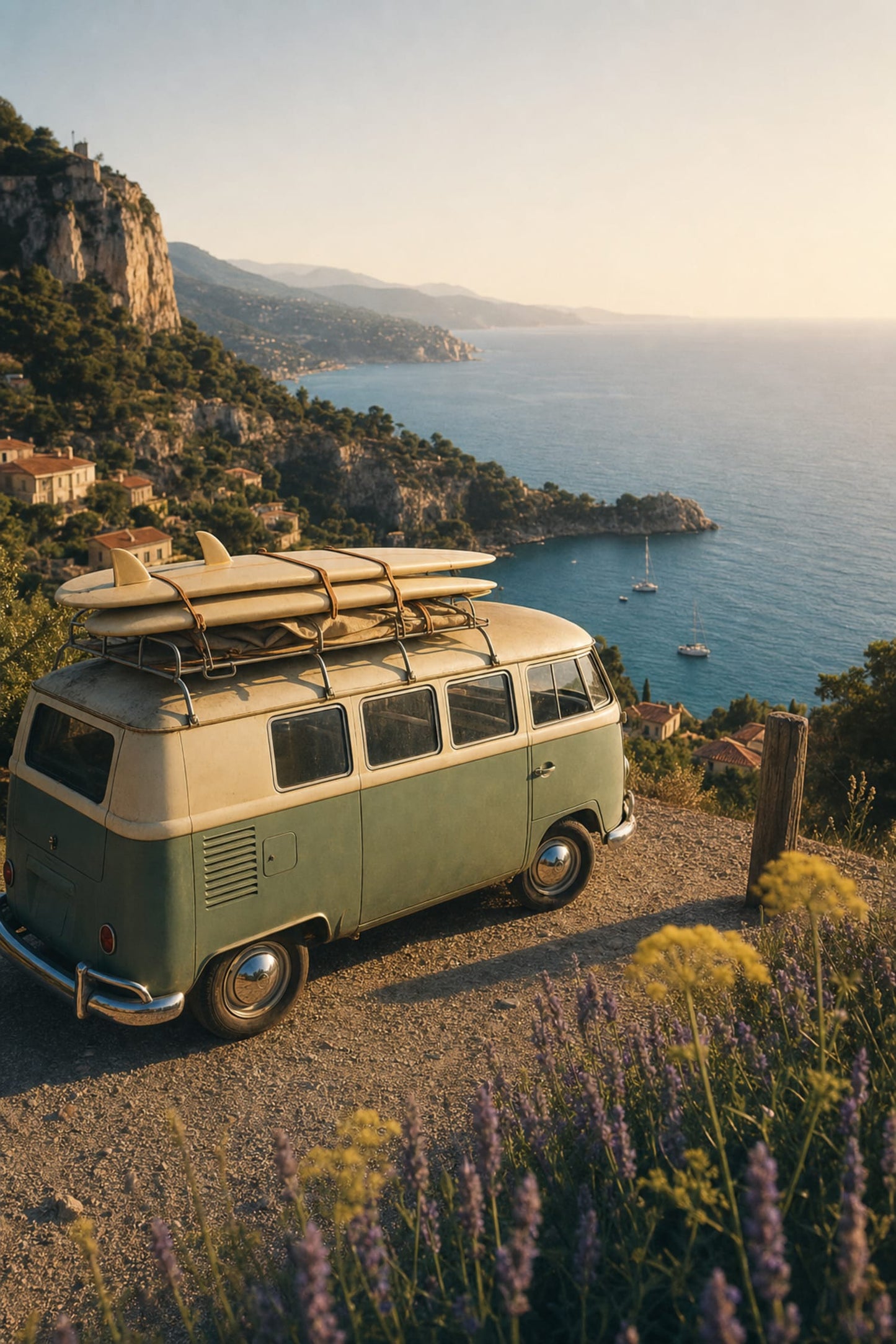 Vintage Surf Van Coastal Road Trip | Scenic Ocean View | Travel Adventure Art Print | Retro Photography Poster