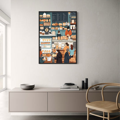 Charming Artisan Bakery Illustration | Hand-Drawn Assortment of Breads & Pastries | Cozy Warm-Toned Setting | Detailed Chalkboard Menu | Kitchen & Café Decor | Artistic Poster Print for Home Decor