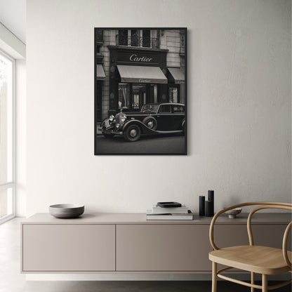 Classic Vintage Car Front of Iconic Luxury Boutique | Timeless Elegance Wall Art Poster Print