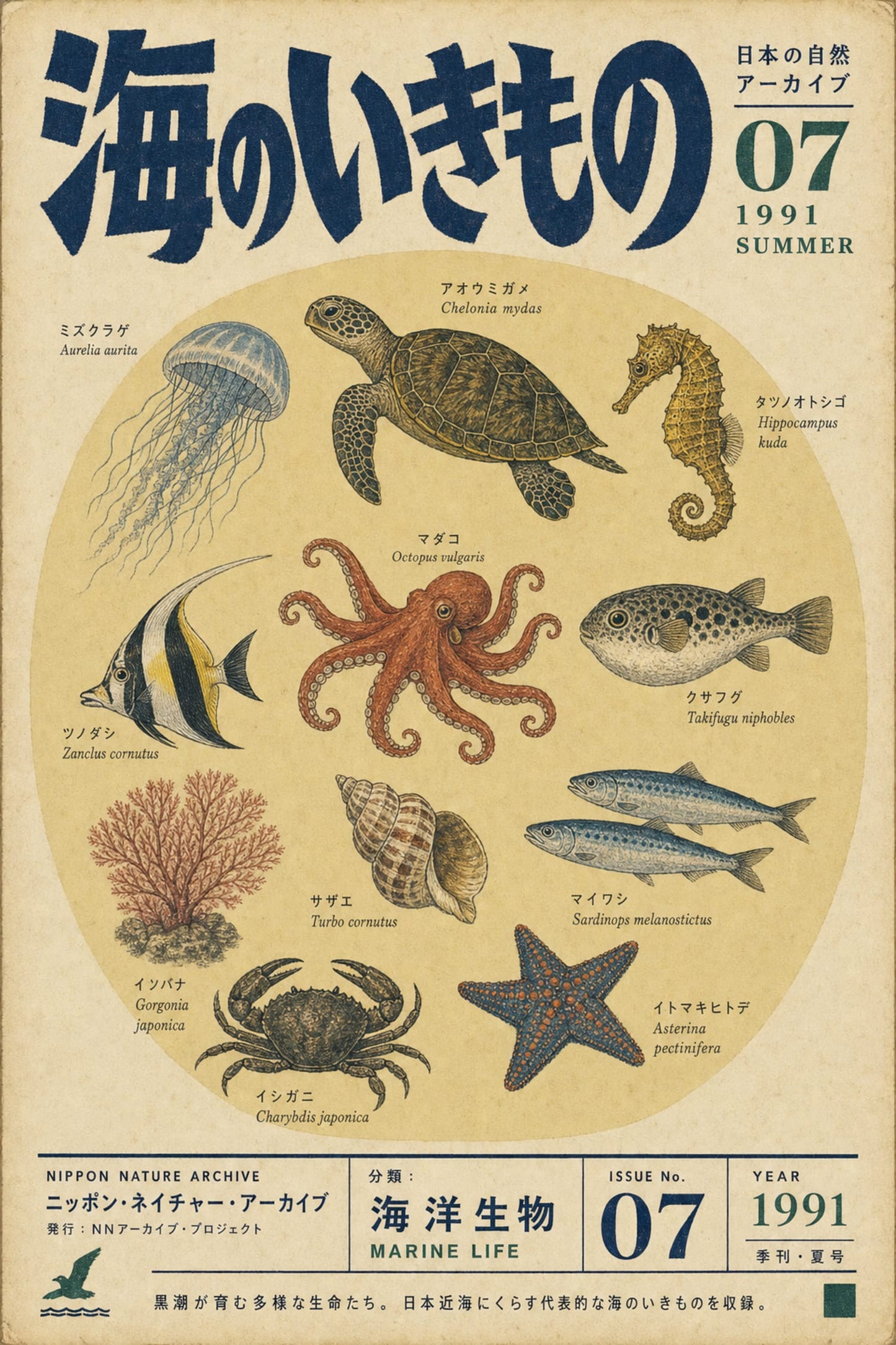 Vintage Marine Life Illustration | Japanese Style Sea Creatures | Turtle Seahorse Octopus Fish Art | Nature Archive 1991 Poster Print
