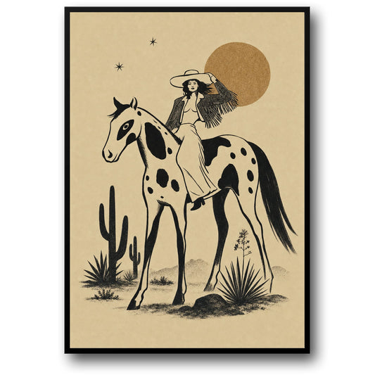 Rodeo Cowboy Riding Horse | Retro Western Art | Vintage Style Print | Wild West Decor | Classic Cactus Scene Poster | Unique Wall Art