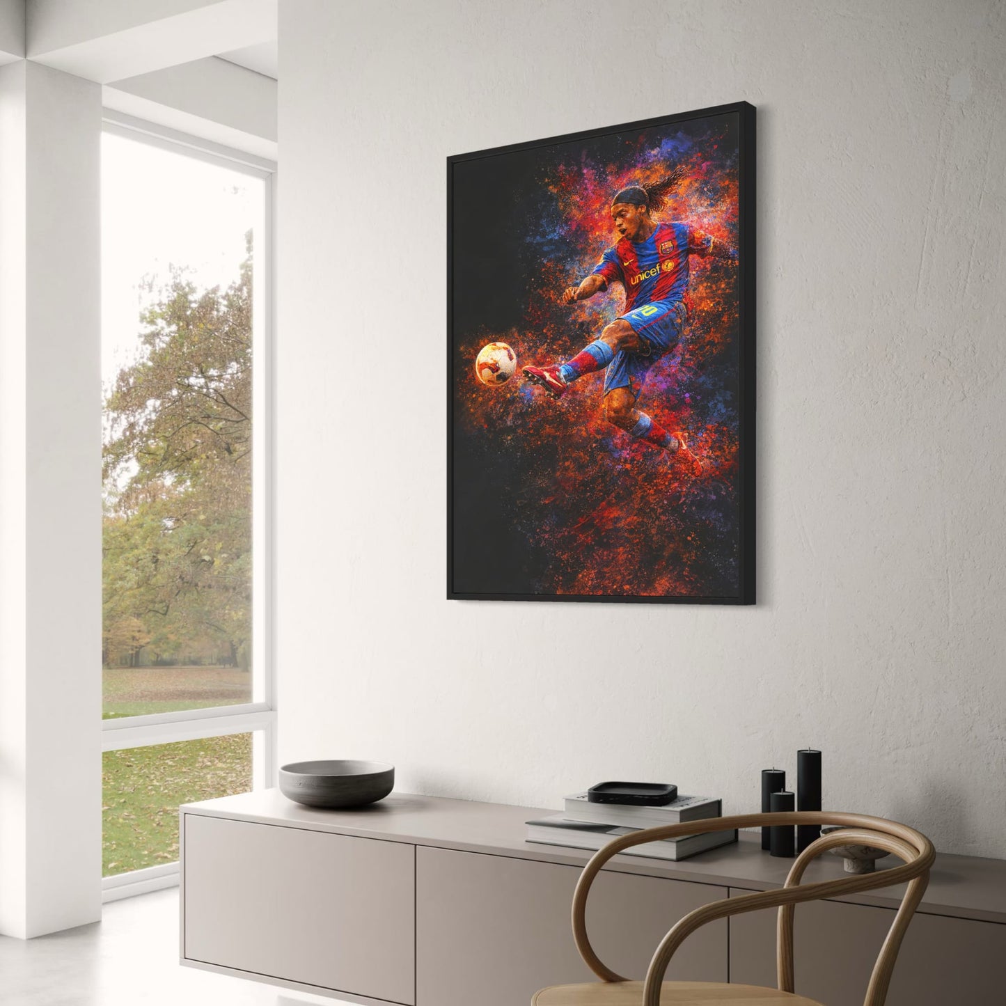 Ronaldinho | Soccer Art Print | Vibrant Abstract Motion | Player in Striped Jersey | Creative Wall Decor | High-Quality Poster for Enthusiasts
