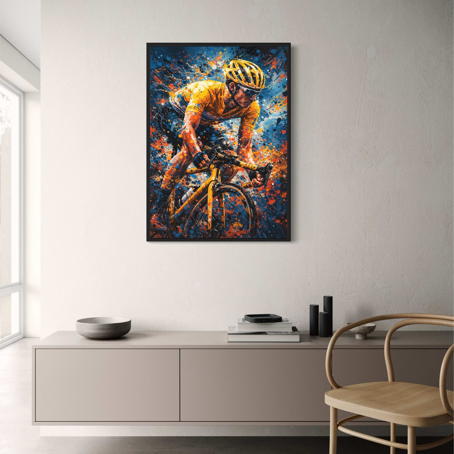 Sports Art | Intense Cyclist in Yellow Jersey | Blue & Orange Splashes | Energy & Motion | Motivational Poster Print