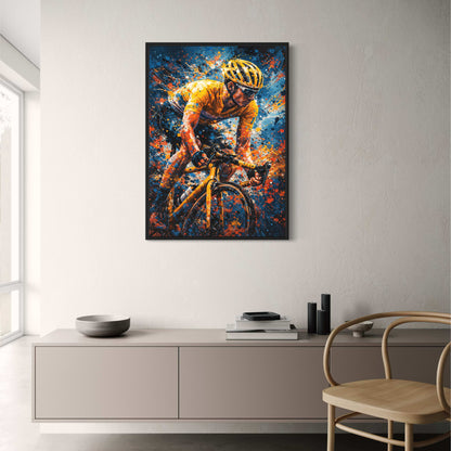 Sports Art | Intense Cyclist in Yellow Jersey | Blue & Orange Splashes | Energy & Motion | Motivational Poster Print