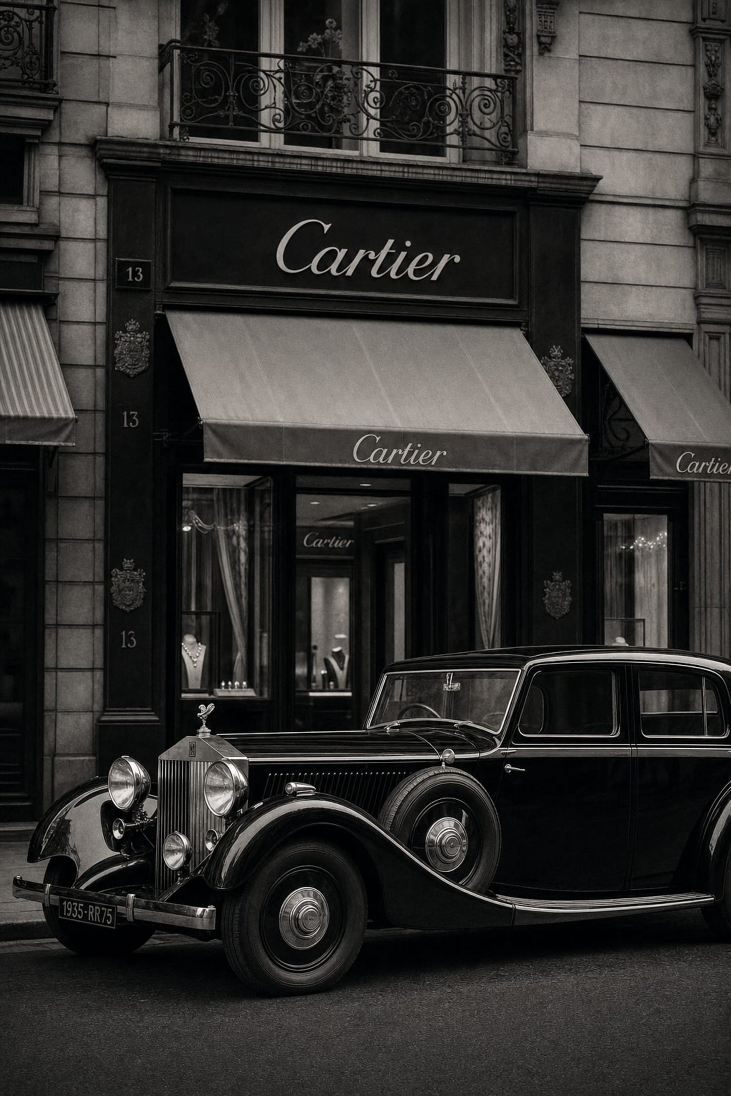Classic Vintage Car Front of Iconic Luxury Boutique | Timeless Elegance Wall Art Poster Print