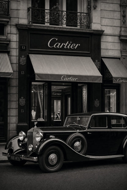Classic Vintage Car Front of Iconic Luxury Boutique | Timeless Elegance Wall Art Poster Print