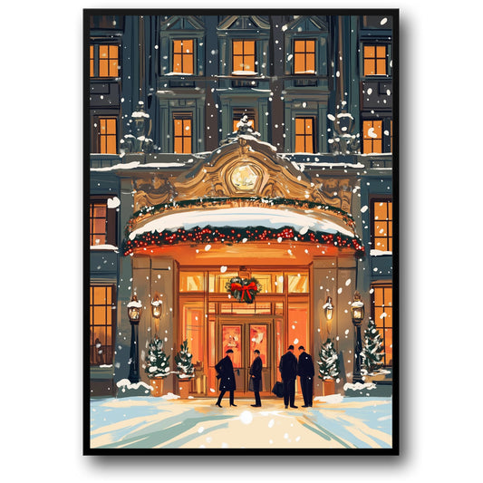Luxurious Winter Holiday Scene | Festive Hotel Entrance | Snow-Covered Architecture | Seasonal Wreaths & Lights | Holiday Poster & Print