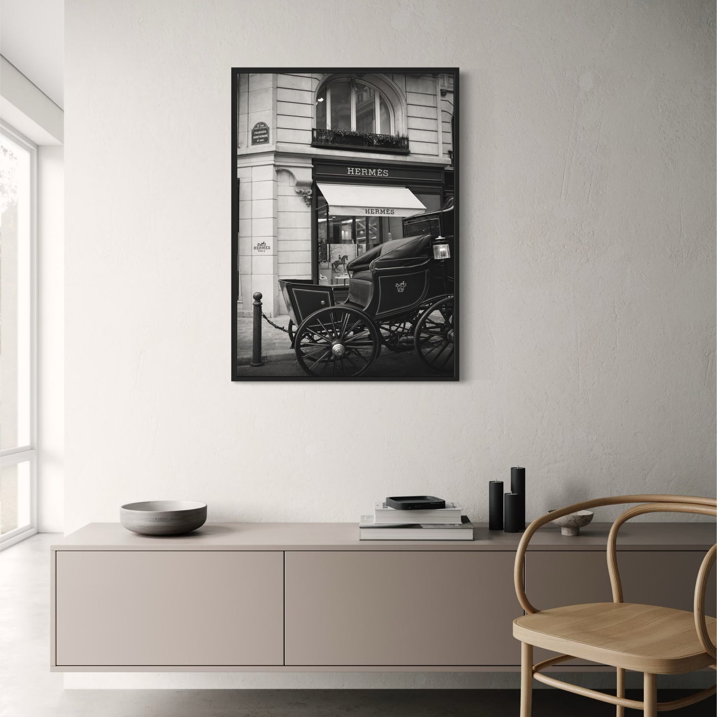Hermès Paris Storefront | Vintage Black and White Photography | Elegant Parisian Carriage Scene | Art Print Poster