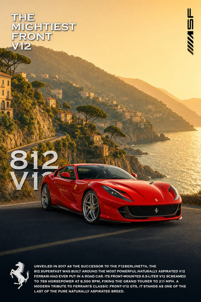 Ferrari 812 Superfast V12 Poster | High Performance Vehicle Art Print | Luxury Supercar Wall Decor