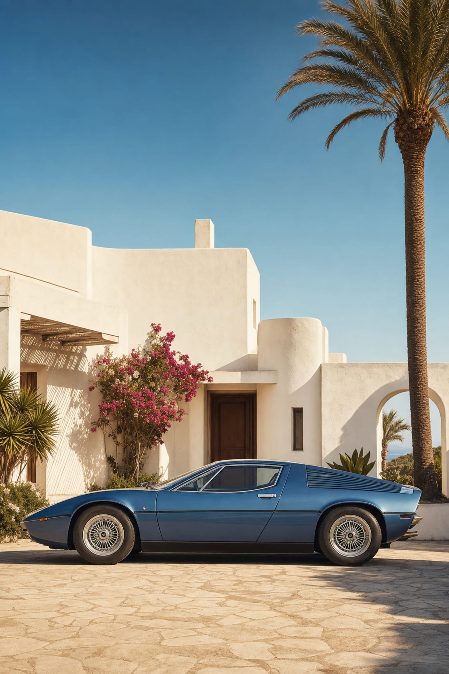Classic Blue Sports Car | Mediterranean Villa | Luxury Auto Art Print Poster | Retro Design | Wall Decor