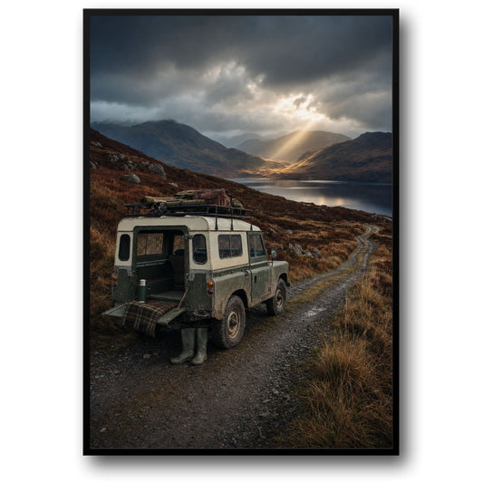 Vintage Land Rover on Scenic Mountain Road | Nature Landscape Art | Adventure Travel Home Decor Poster Print
