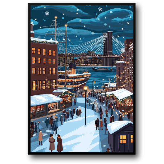 Festive Winter Cityscape | Charming Snow-Covered Streets | Cozy Market Stalls | Illuminated Architecture at Night | Enchanting Urban Harbor | Holiday Season Art | Decorative Poster Print
