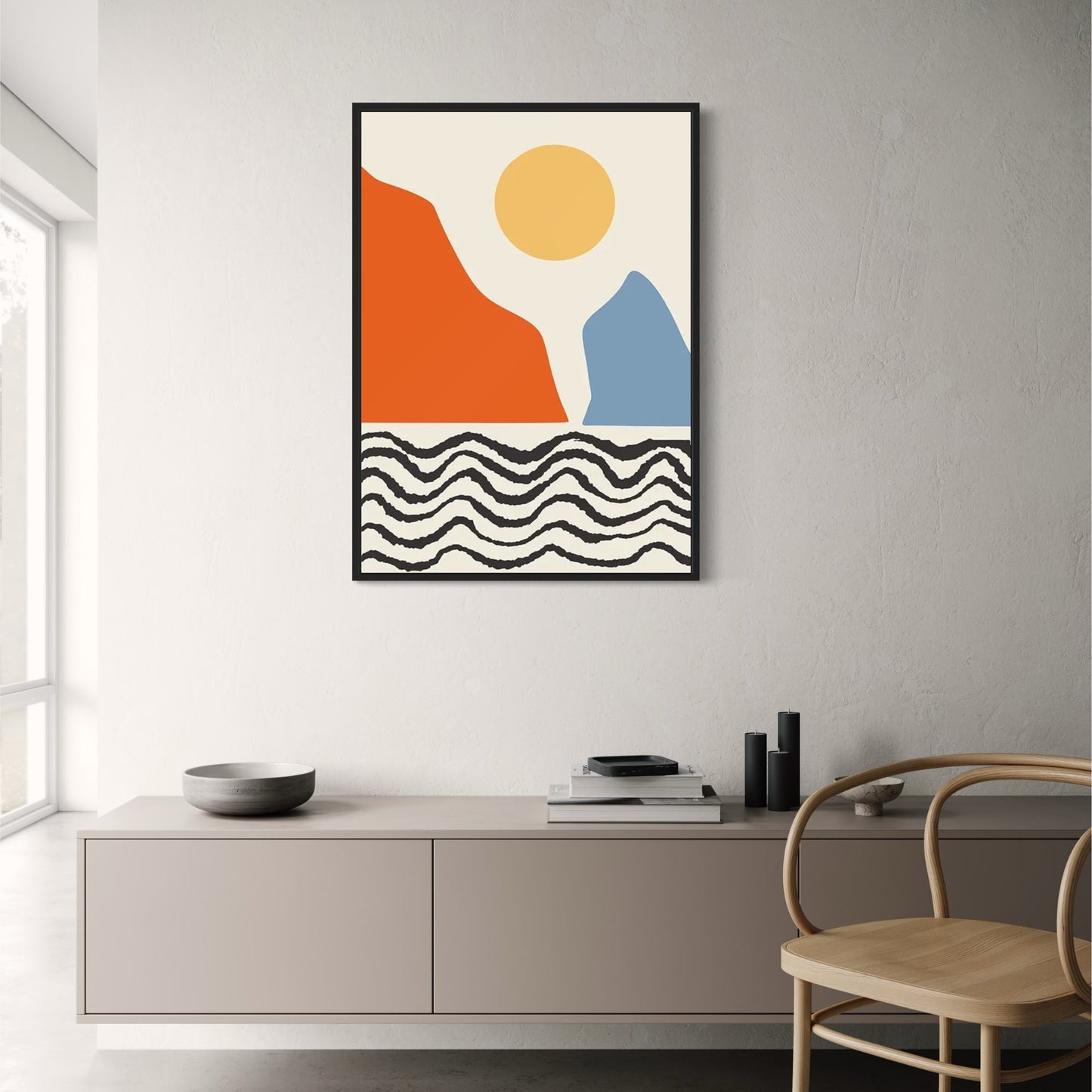 Piet Mondrian Inspired Poster | Red & Blue Abstract Mountains | Waves Art Decor