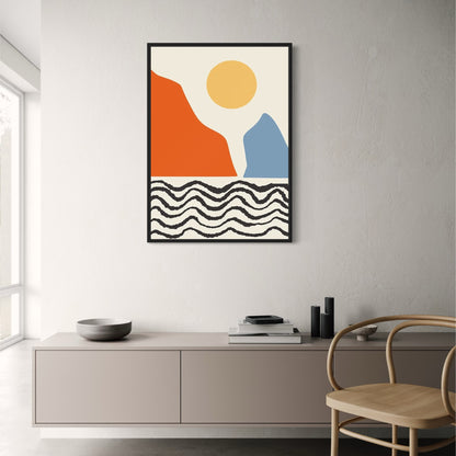 Piet Mondrian Inspired Poster | Red & Blue Abstract Mountains | Waves Art Decor