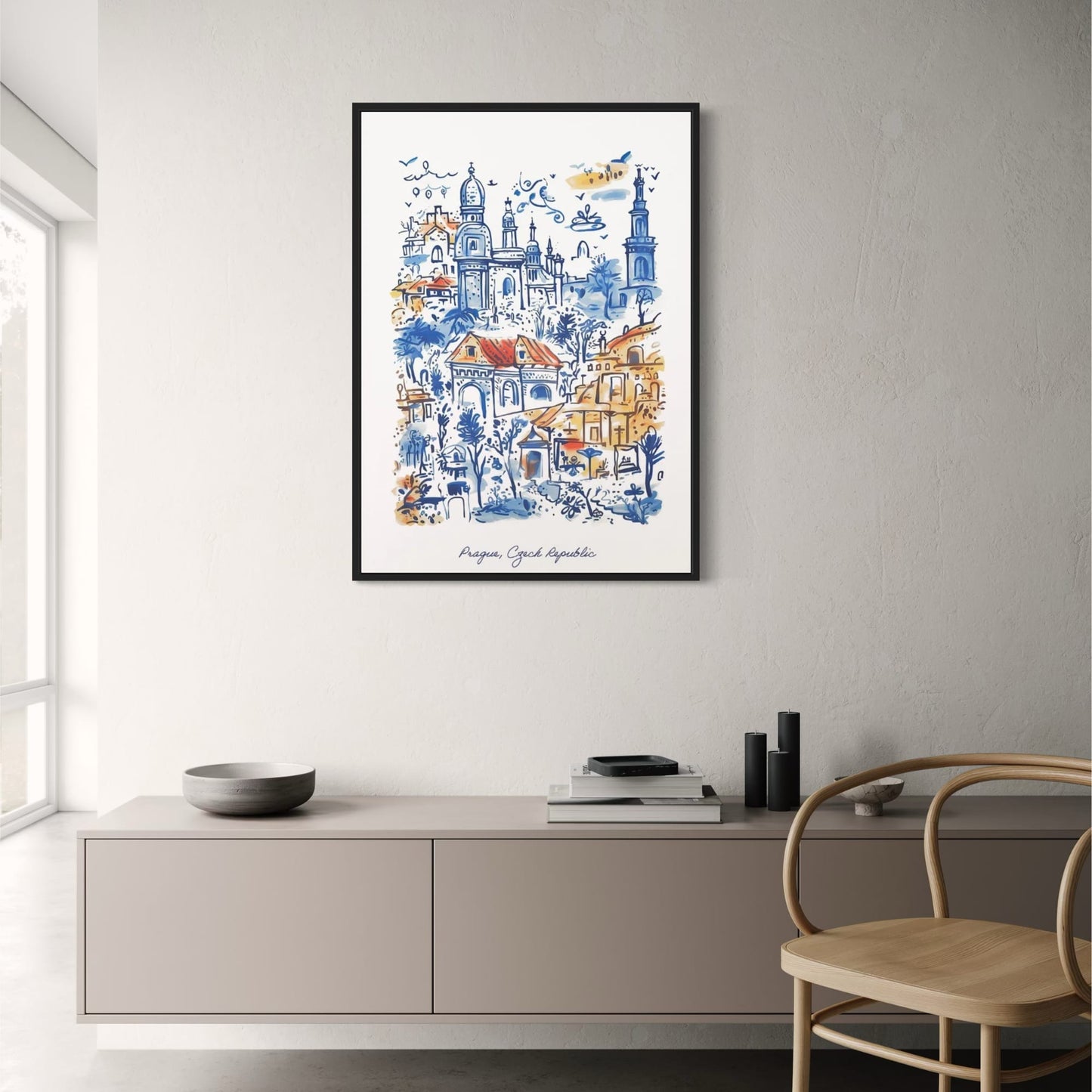 Prague Architecture | Blue & Orange Watercolor