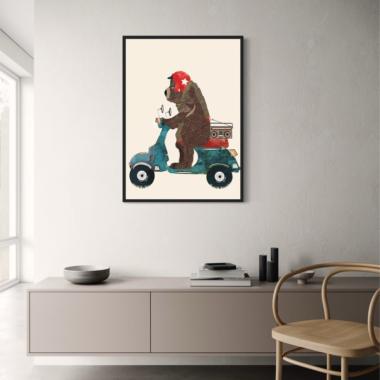 Bear's Scooter Serenade Poster | Whimsical Animal Art | Playful Backdrop for Kids Room Decor | Vibrant Animated Illustration