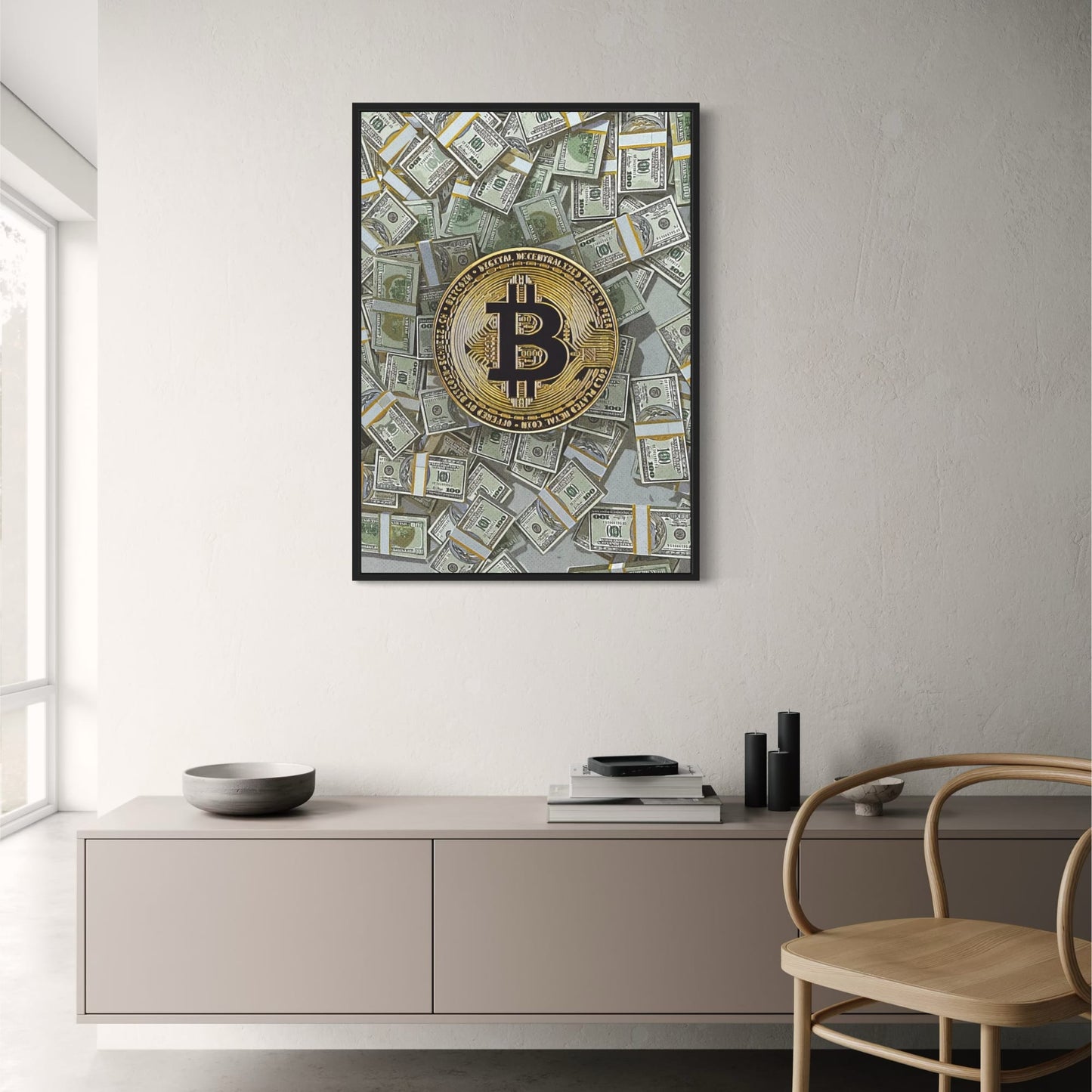 Bitcoin and Cash Poster  Cryptocurrency and Money Wall Art | Home Decor | Decoration Poster