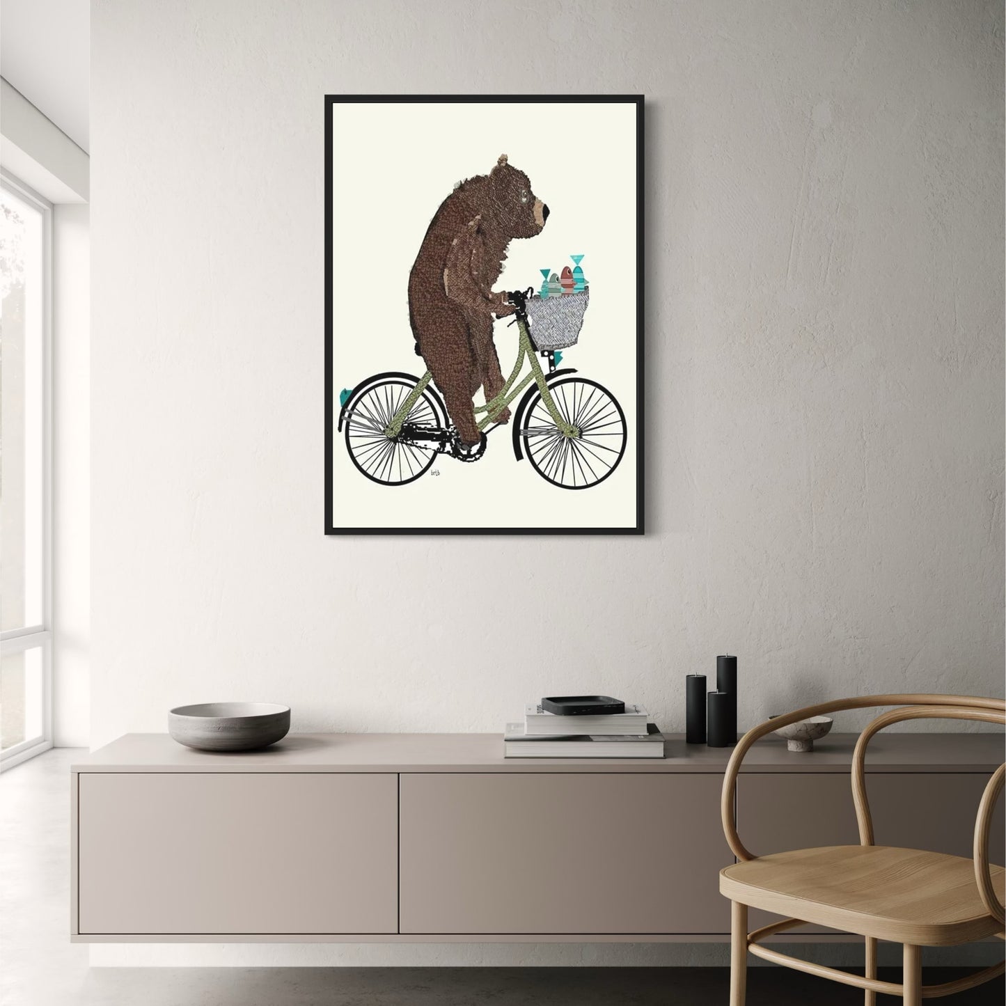 Bear and Fishes Poster | Whimsical Wheels Artwork | Joyful Animated Adventure Decor