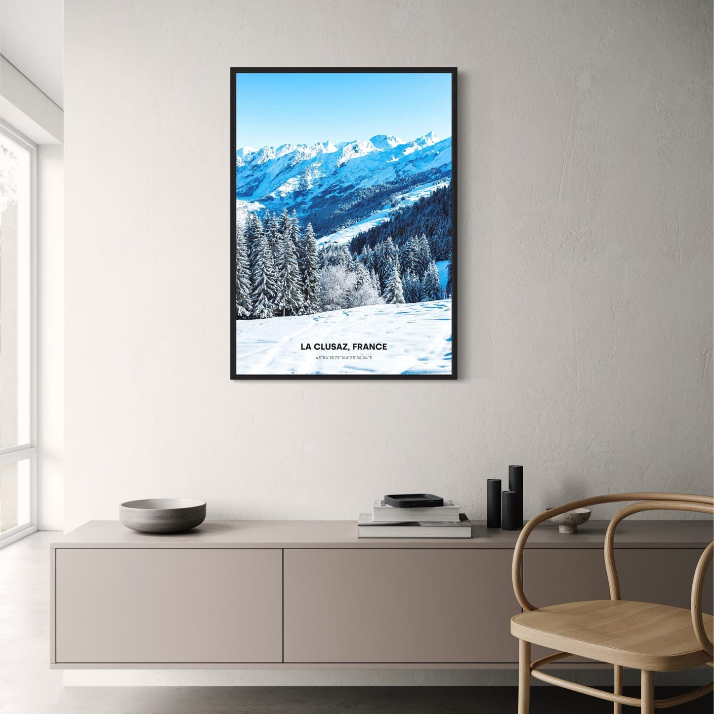 Sunlit Snowy Peaks Poster | La Clusaz | France | Winter Wonderland Artwork | Scenic Mountain View | Home Decor