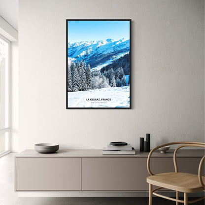 Sunlit Snowy Peaks Poster | La Clusaz | France | Winter Wonderland Artwork | Scenic Mountain View | Home Decor