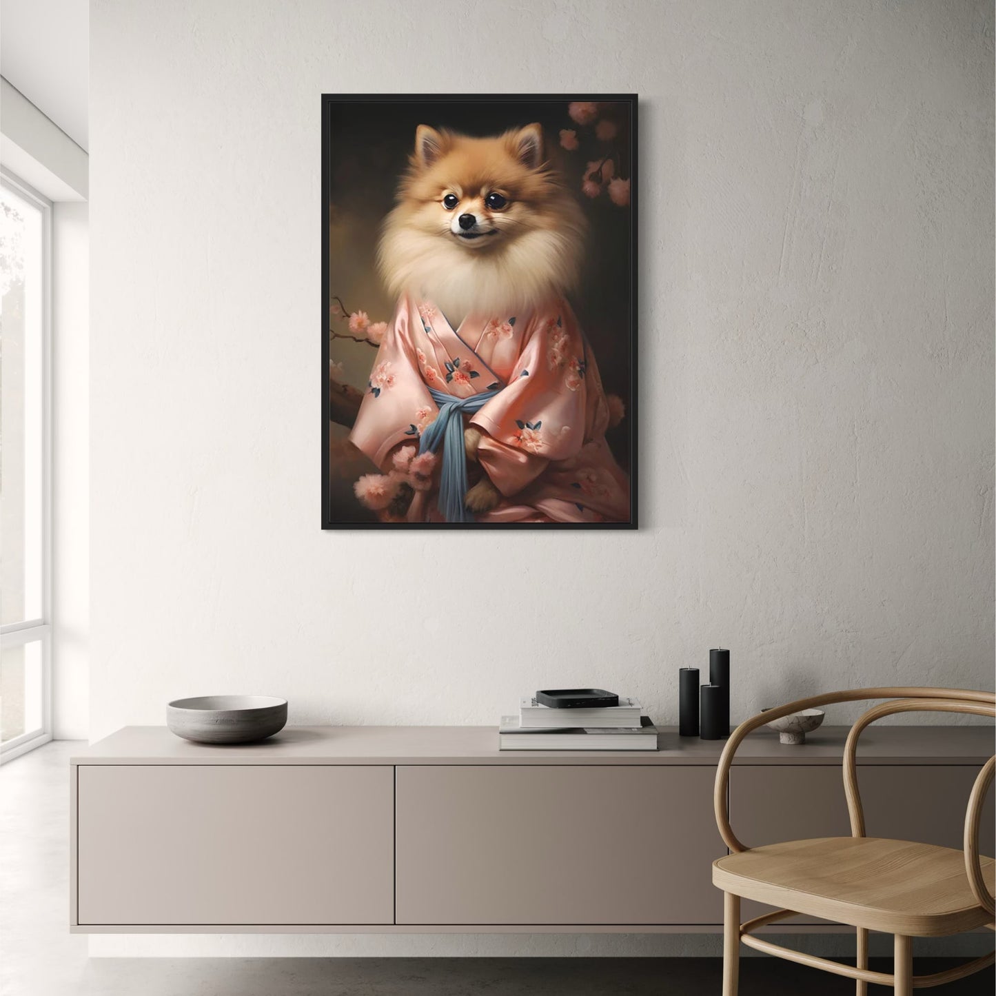 Cherry Blossom Serenity Poster | Pomeranian Dog in Soft Pink | Spring Floral Art Wall Decor