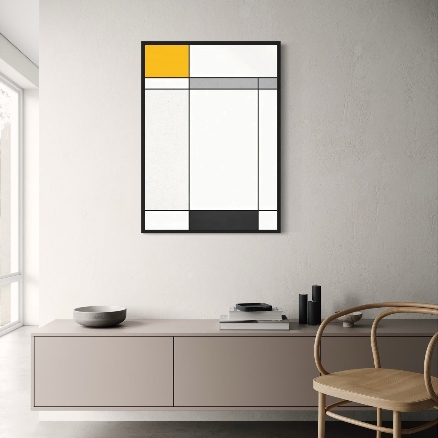Piet Mondrian Poster | Composition in Black, White, Yellow, and Gray | Modern Art Print | Abstract Wall Decor
