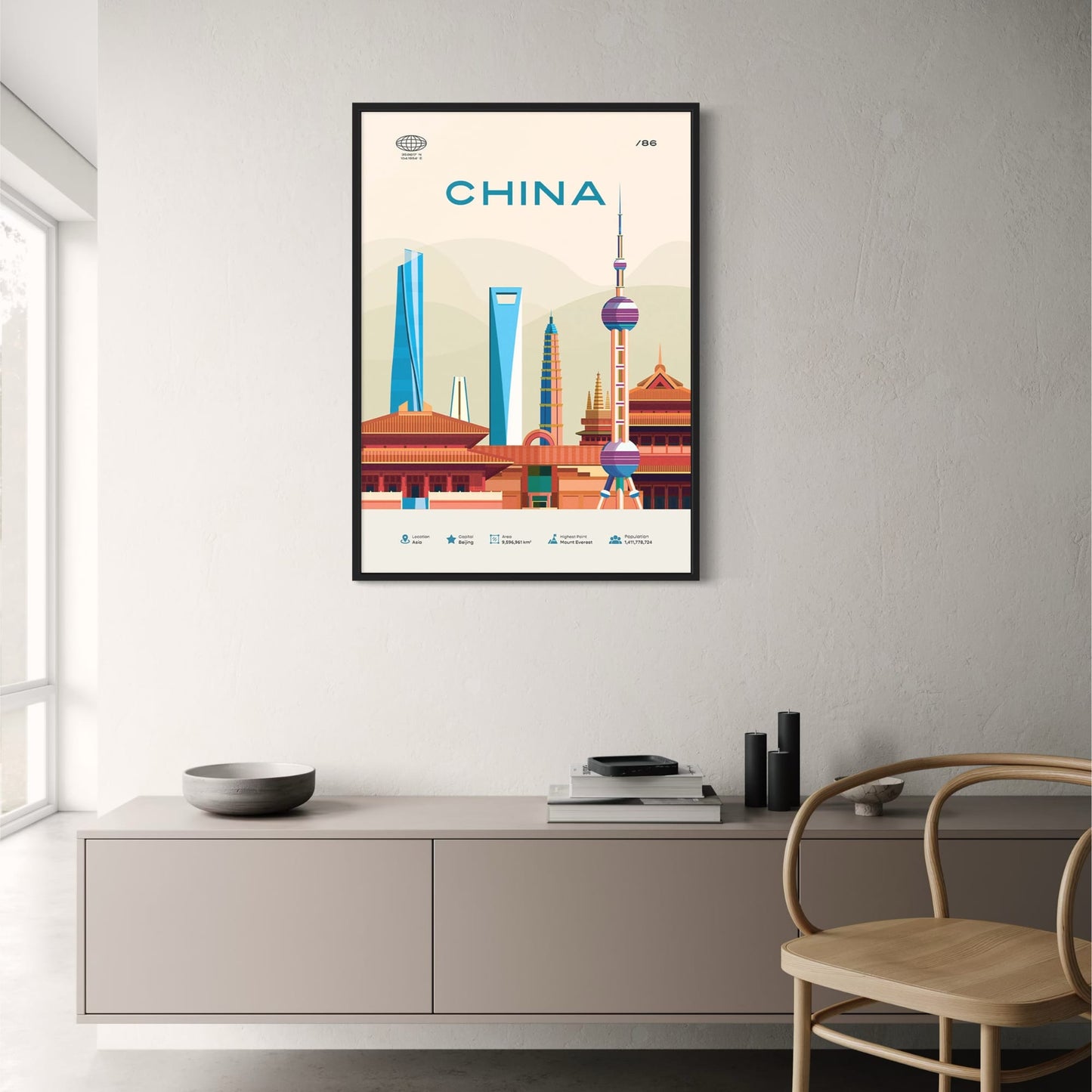 China Travel Poster | Beijing Skyline and Cultural Landmarks | Modern Urban Art Print | Decorative Wall Poster