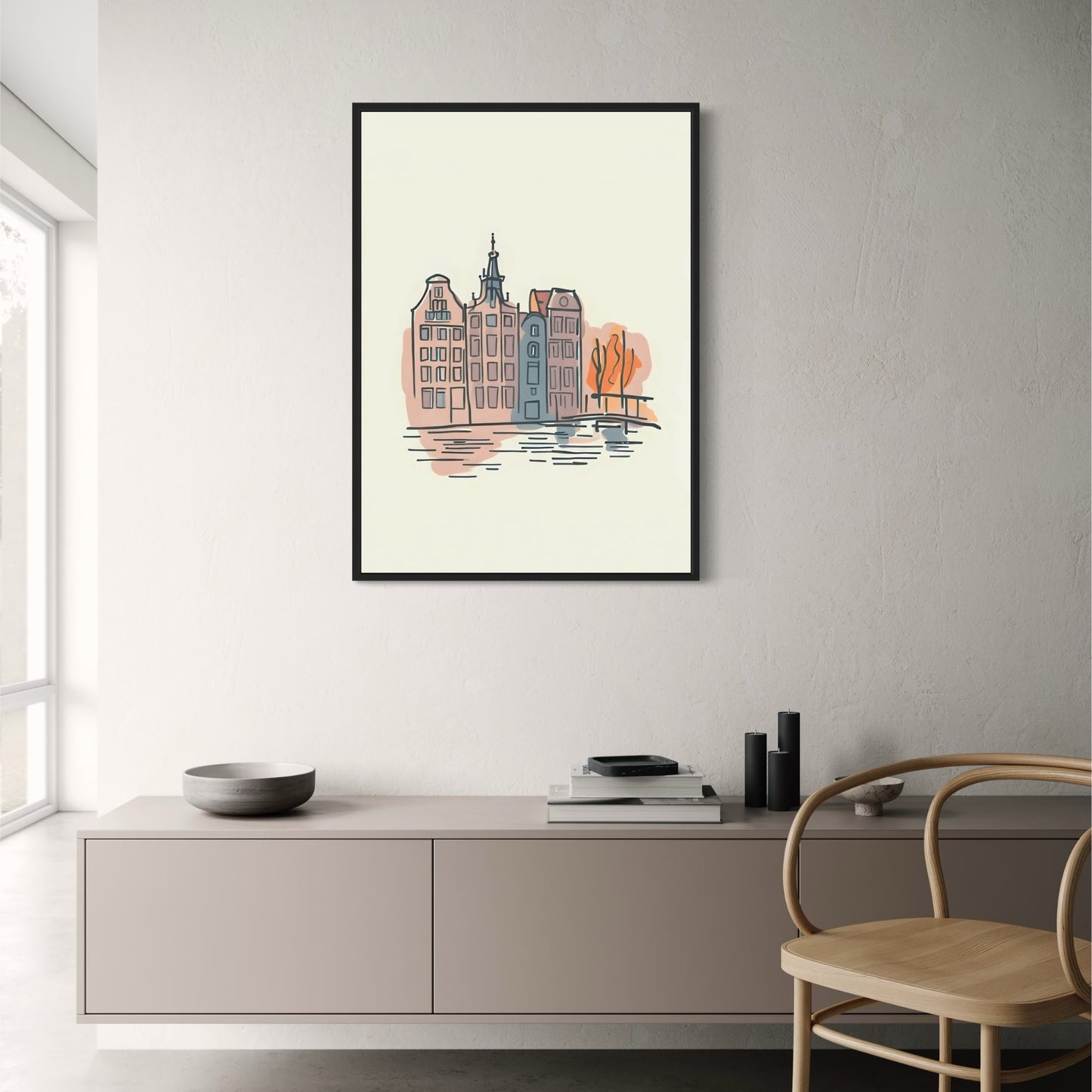 Amsterdam Canal Houses Poster | Stylized Watercolor Art | Netherlands Urban Landscape | Unique Travel Decor