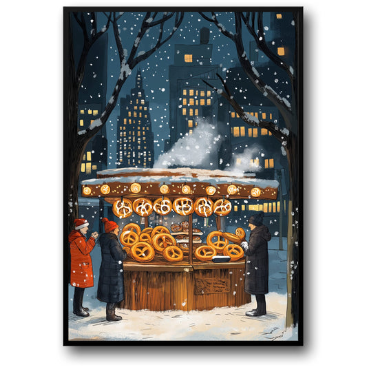 Winter Night Cityscape | Snowy Street Vendor Scene | Illuminated Pretzel Stand | Cozy Urban Setting | Festive Atmosphere Poster | Print