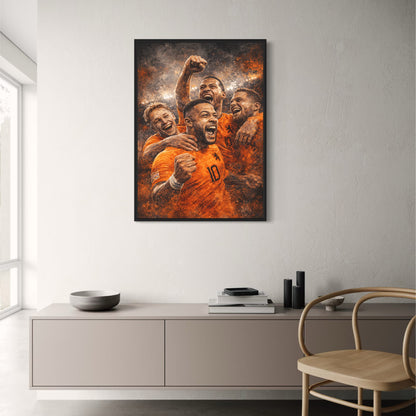 Football Players Poster | Team Spirit and Unity | Energetic Celebration Football Art | Stadium Background Print | Sports Enthusiast Decor