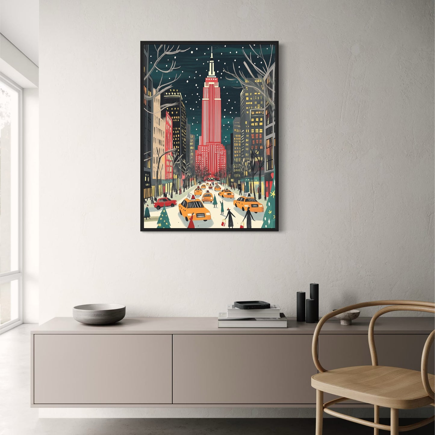 Empire State Building | Colorful Winter Cityscape | Festive Red & White | Snowflakes | Holiday Spirit | Vibrant Street Scene | Urban Winter Charm | Yellow Taxis | Holiday Shoppers | Snow-Covered Avenue | Print Poster