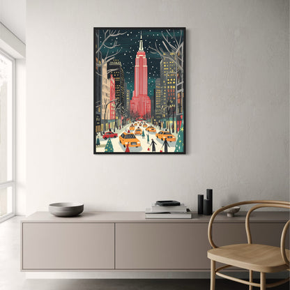 Empire State Building | Colorful Winter Cityscape | Festive Red & White | Snowflakes | Holiday Spirit | Vibrant Street Scene | Urban Winter Charm | Yellow Taxis | Holiday Shoppers | Snow-Covered Avenue | Print Poster
