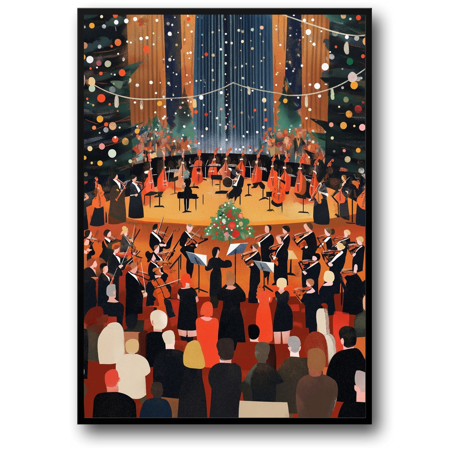 Festive Symphony Orchestra Art | Elegant Musicians with Violins & Cellos | Grand Christmas Decorations | Concert Hall Poster | Perfect for Holiday Music Lovers Decor | Stunning Illustration Print