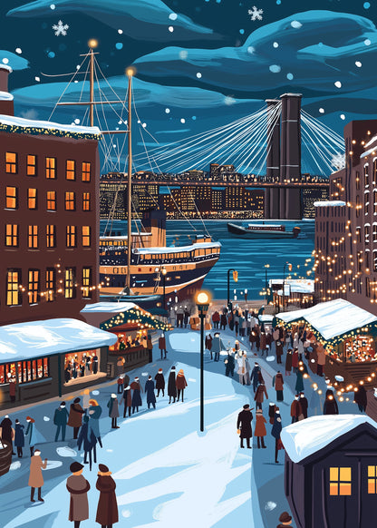 Festive Winter Cityscape | Charming Snow-Covered Streets | Cozy Market Stalls | Illuminated Architecture at Night | Enchanting Urban Harbor | Holiday Season Art | Decorative Poster Print