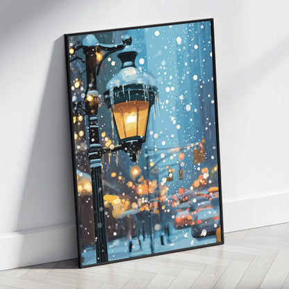 Winter Wonderland | Urban Street Scene | Snow-Covered Lamp Post | Falling Snowflakes | Cityscape Backdrop | Warm Glowing Print | Home Office Decor Poster