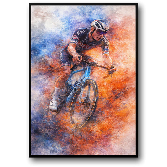 Cyclist in Motion Artistry | Vivid Blue and Orange Watercolor | Expression Poster | Vibrant Home & Office Decor Print