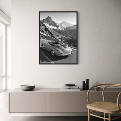 Vintage Convertible in Alpine Mountains | Black and White Scenic Poster | Classic Car Wall Art Print