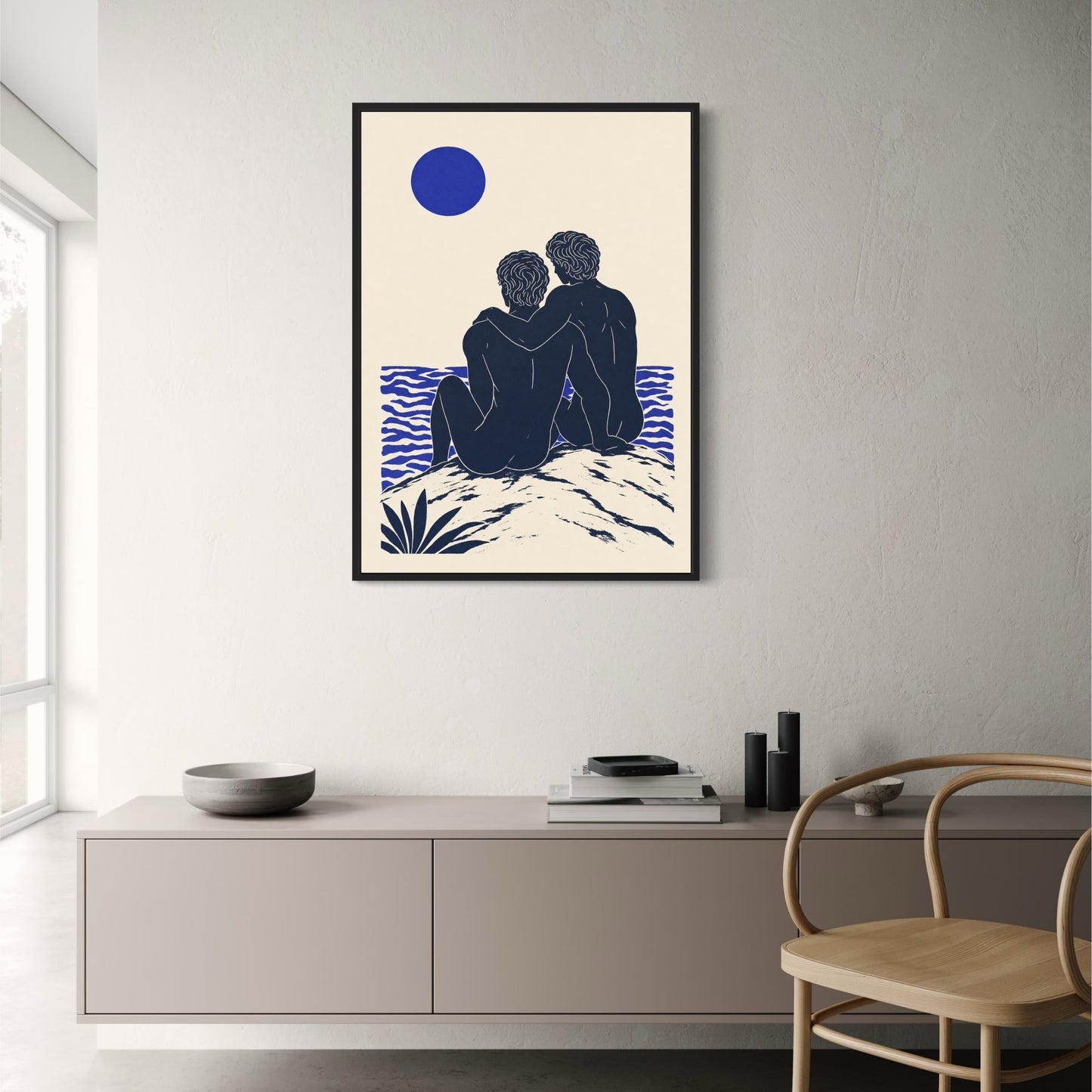 Romantic Illustration | Couple Embrace by Ocean Art | Wall Decor | Modern Love Poster | Minimalist Print | Sea and Sun Design