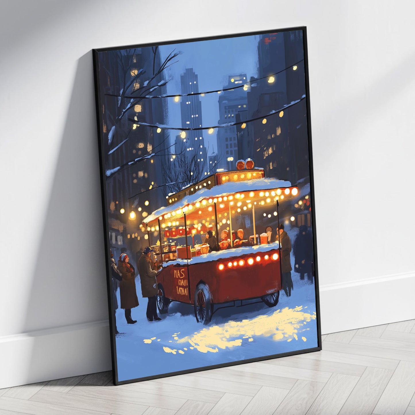 Charming Winter Cityscape | Vintage Hot Dog Stand | Festive Holiday Lights | Snowy Urban Atmosphere | Nostalgic Street Scene Poster | Winter Wonderland | Skyscrapers | Illuminated Trees | Cozy Market Print