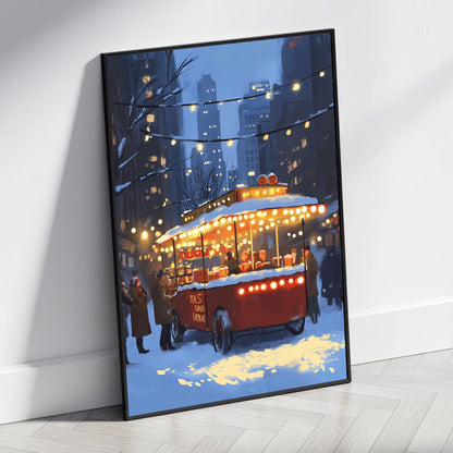 Charming Winter Cityscape | Vintage Hot Dog Stand | Festive Holiday Lights | Snowy Urban Atmosphere | Nostalgic Street Scene Poster | Winter Wonderland | Skyscrapers | Illuminated Trees | Cozy Market Print