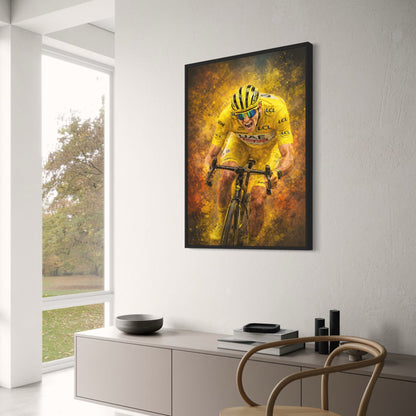 Cycling Athlete Art | Intense Sports Poster | Vibrant Yellow Kit | Adrenaline Race Poster | Splattered Paint Effect | Bike Enthusiast Wall Art | Team Branding Print | Sporty Decor | Home Gym Poster