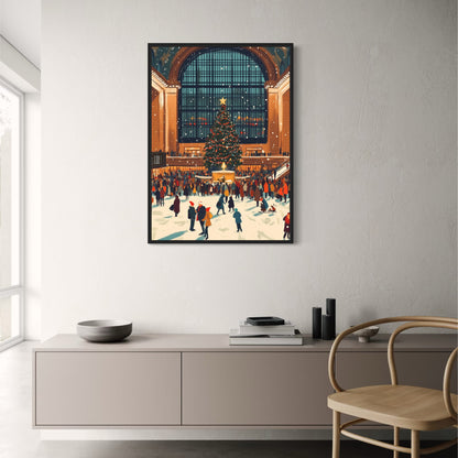 Grand City Station | Christmas Poster Print | Festive Holiday Scene | Majestic Tree | Snowy Urban Landmark | Winter Decor