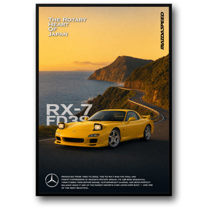 Mazda RX-7 FD3S Yellow | Iconic Japanese Sports Car Scenic Road | Automotive Art Print Poster