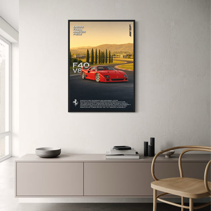 Enzo Ferrari F40 V8 | Iconic Sports Car | High Performance Classic | Automotive Art Print | Vintage Racing Poster
