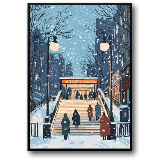Vintage Urban Snowy Cityscape | Winter Scene Art Print | Charming Subway Entrance Poster | Atmospheric Urban Decor | Wall Art