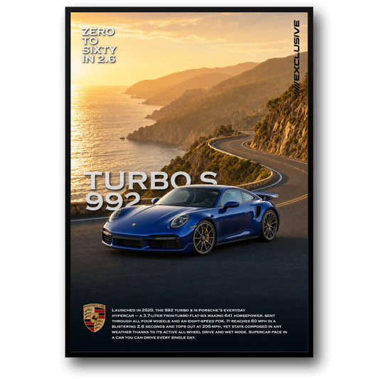 Porsche 992 Turbo S | Luxury Car Performance Art | Zero to Sixty in 2.6 Print | Scenic Coastal Drive Poster