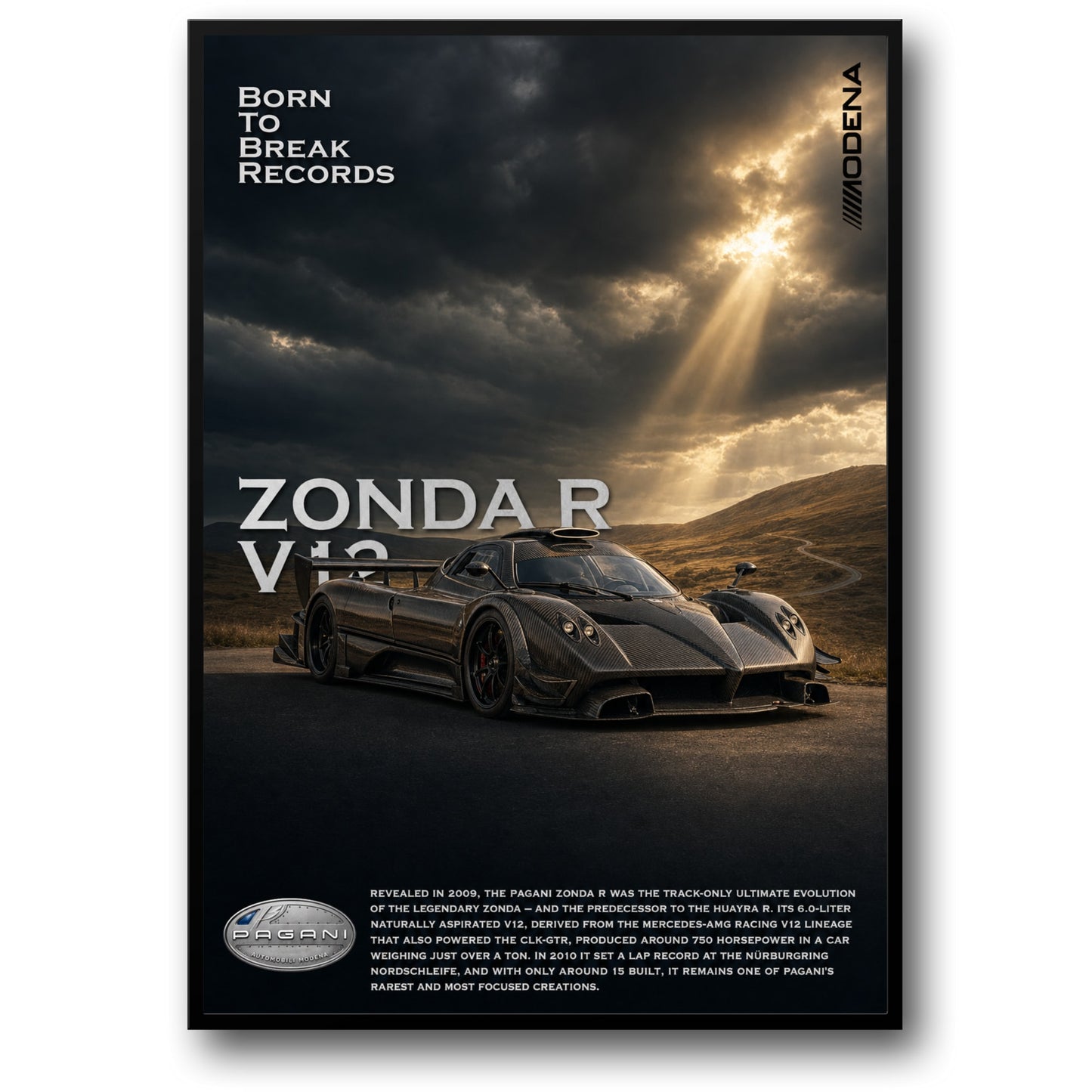 Pagani Zonda R V12 | Luxury Car Art | Born to Break Records | Wall Decor Poster | High-Performance Sports Car Print