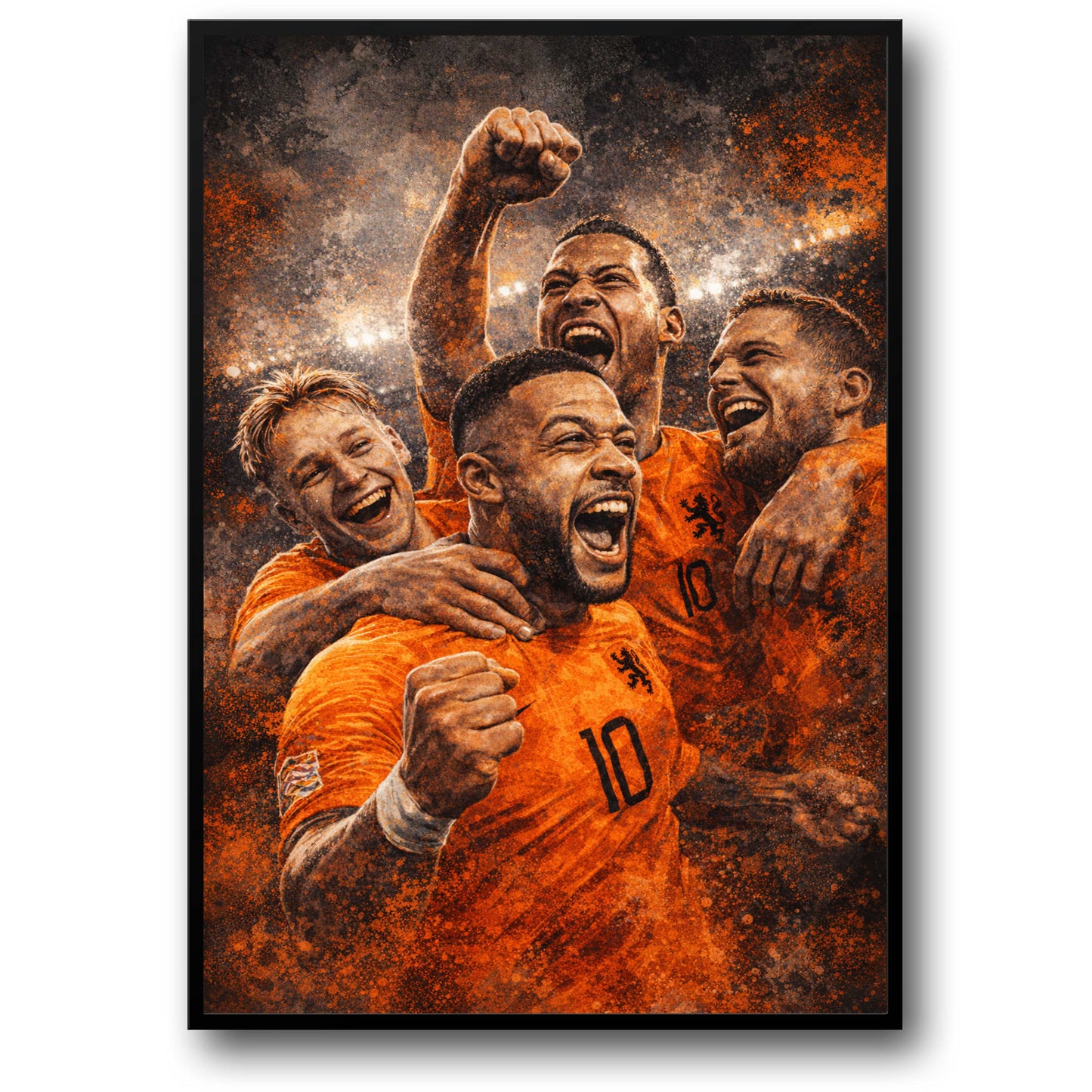 Football Players Poster | Team Spirit and Unity | Energetic Celebration Football Art | Stadium Background Print | Sports Enthusiast Decor